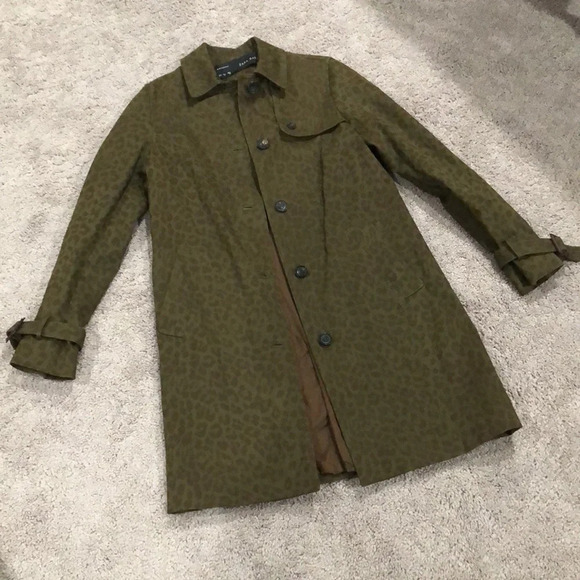 Zara Basic Glen Leopard Print Button Up Long Coat Green & Brown Size small - Picture 2 of 10